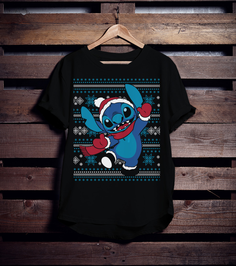 Disney Stitch Happy Holiday Festive Sweater Design With Snowflakes And Santa Hat T-Shirt