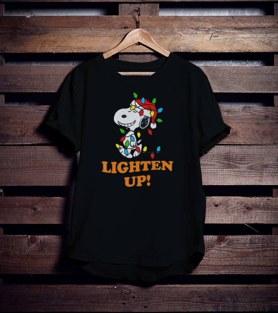 Peanuts Snoopy Christmas Lighten Up With Holiday Lights And Santa Hat T-Shirt