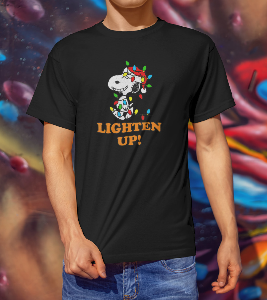 Peanuts Snoopy Christmas Lighten Up With Holiday Lights And Santa Hat T-Shirt