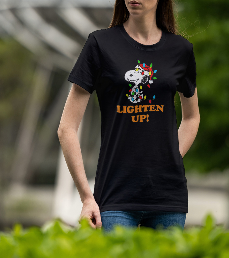 Peanuts Snoopy Christmas Lighten Up With Holiday Lights And Santa Hat T-Shirt