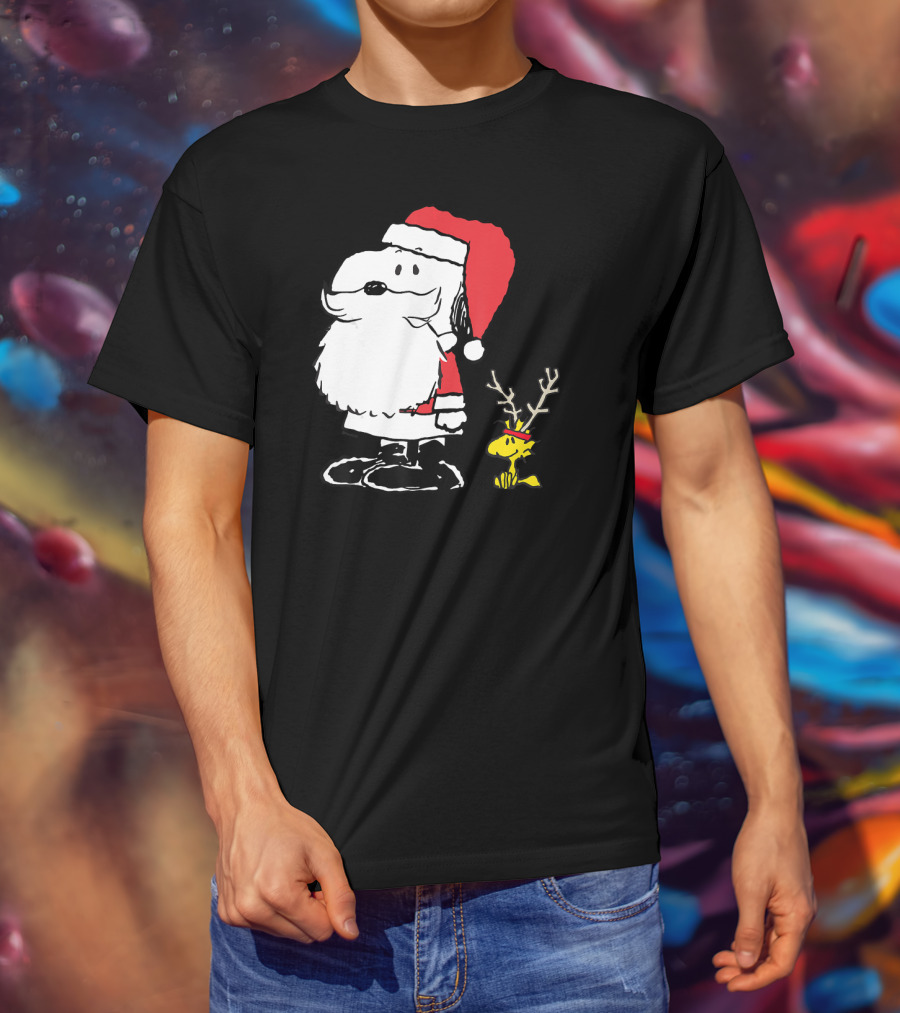 Snoopy Santa With Woodstock Antlers Peanuts Holiday T-Shirt