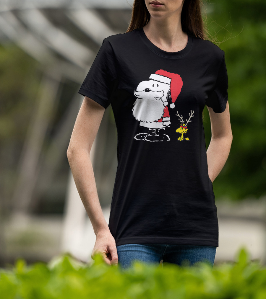 Snoopy Santa With Woodstock Antlers Peanuts Holiday T-Shirt