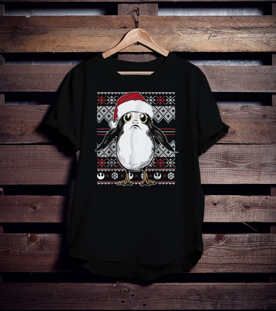 Star Wars Porg Santa Hat Christmas Sweater Pattern Rebel Alliance Snowflakes T-Shirt