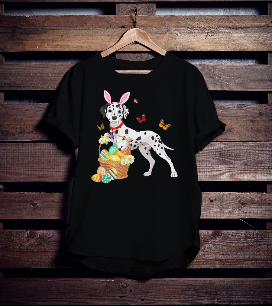 Dalmatian With Bunny Ears Holding Easter Egg Basket And Butterflies T-Shirt