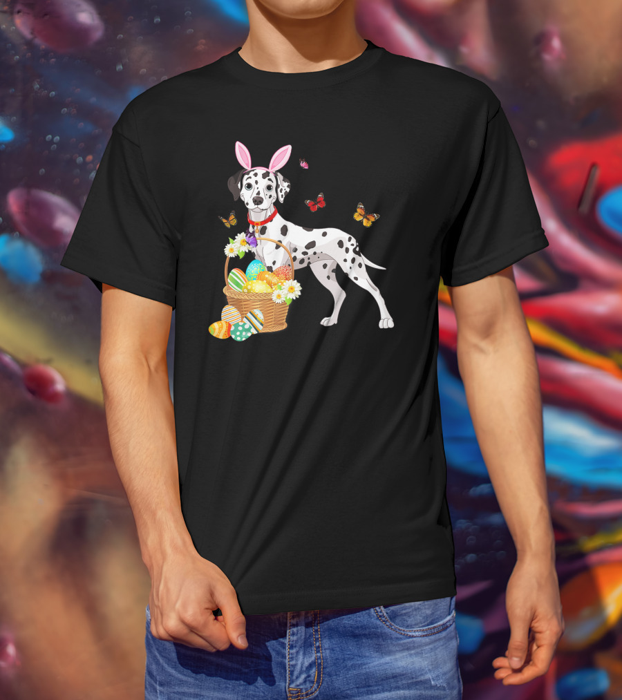 Dalmatian With Bunny Ears Holding Easter Egg Basket And Butterflies T-Shirt