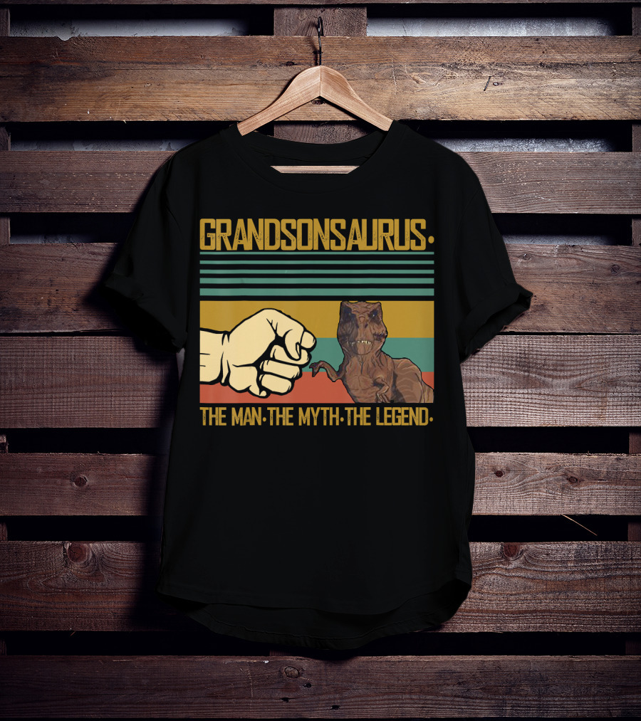 Grandsonsaurus The Man The Myth The Legend Dinosaur Fist Retro Stripes T-Shirt