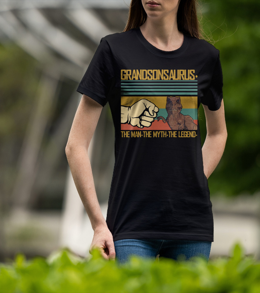 Grandsonsaurus The Man The Myth The Legend Dinosaur Fist Retro Stripes T-Shirt