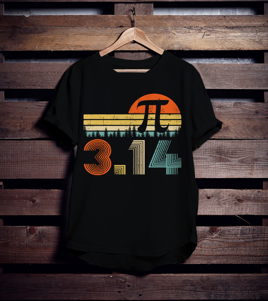 Pi Day Math Teacher 3.14 Retro Sunset Forest T-Shirt