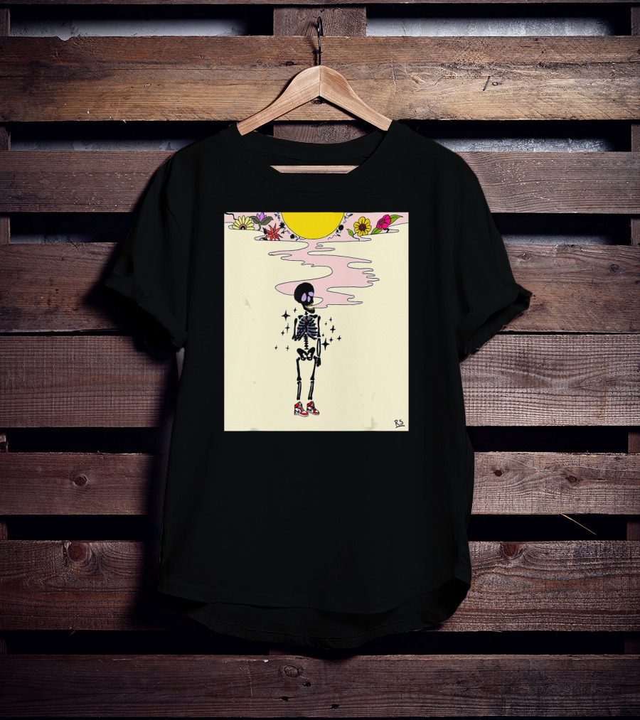 Smoking Skeleton Sun Flowers Sneakers Graphic Fashion T-Shirt