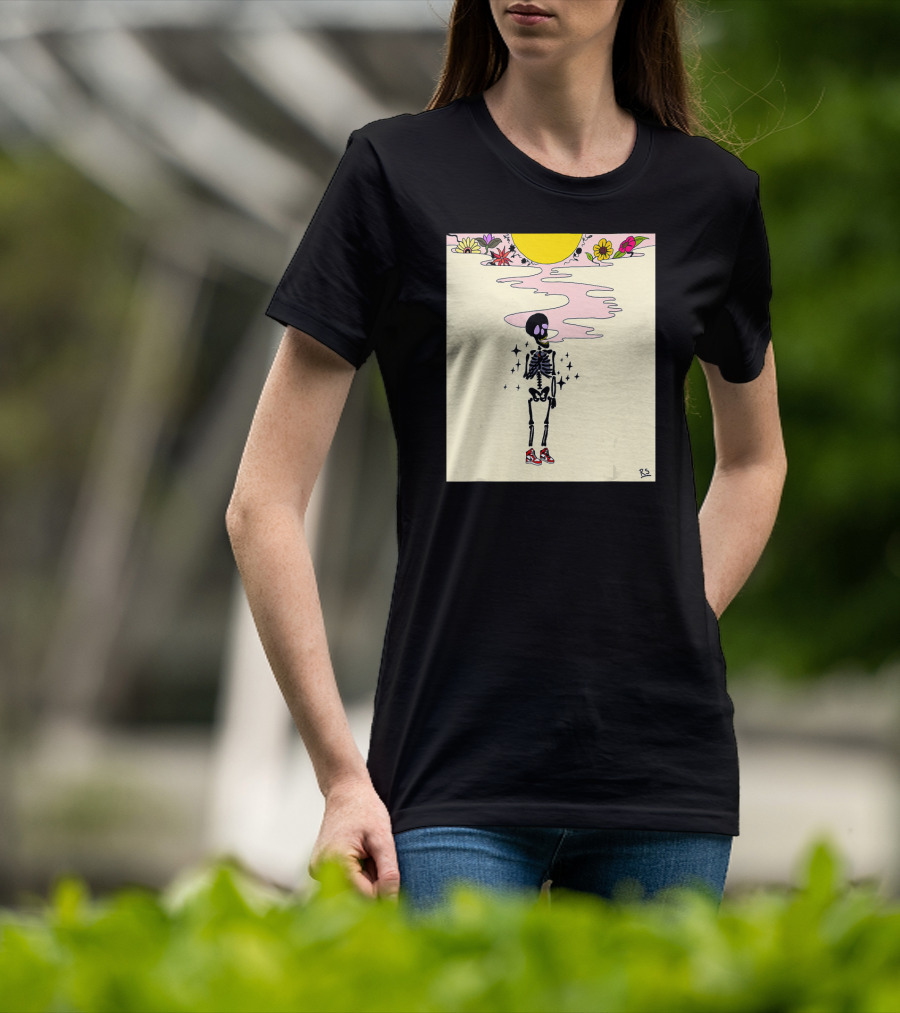 Smoking Skeleton Sun Flowers Sneakers Graphic Fashion T-Shirt
