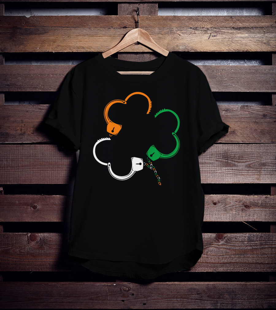 St Patricks Day Irish Flag Handcuffs Clover Police Officer T-Shirt