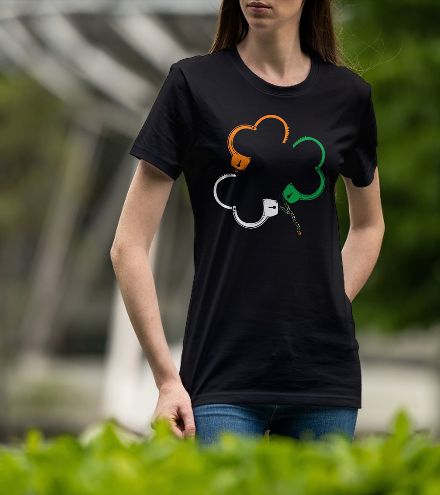 St Patricks Day Irish Flag Handcuffs Clover Police Officer T-Shirt