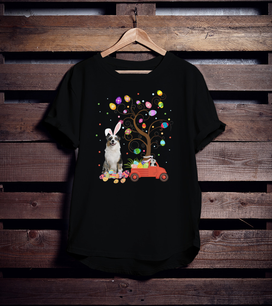 Australian Shepherd Bunny Ears Easter Eggs Tree Truck T-Shirt