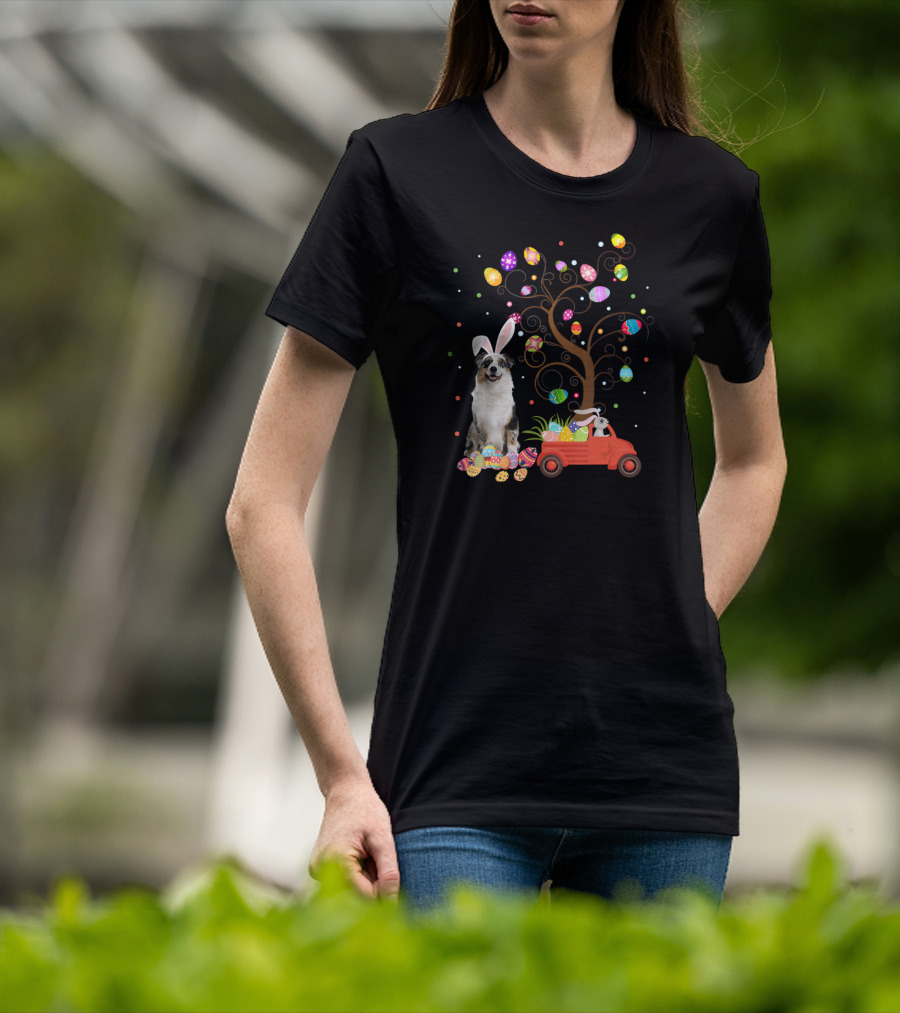 Australian Shepherd Bunny Ears Easter Eggs Tree Truck T-Shirt