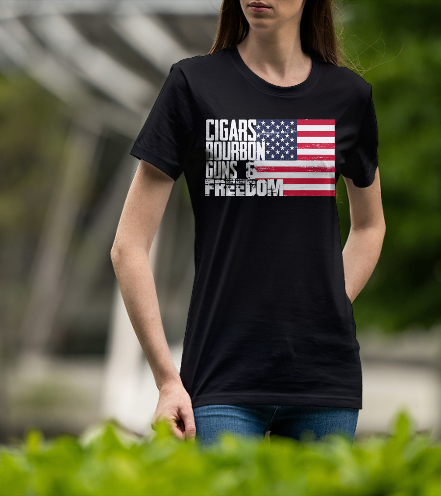 Cigars Bourbon Guns Freedom American Flag T-Shirt