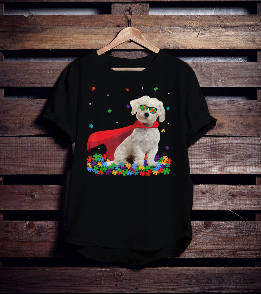 Superhero Maltese Dog Puzzle Pieces Autism Awareness T-Shirt
