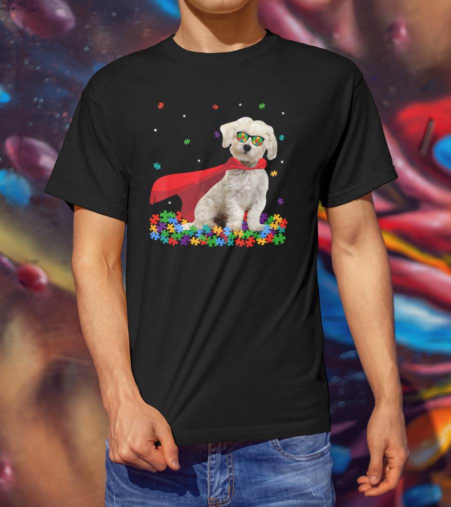 Superhero Maltese Dog Puzzle Pieces Autism Awareness T-Shirt