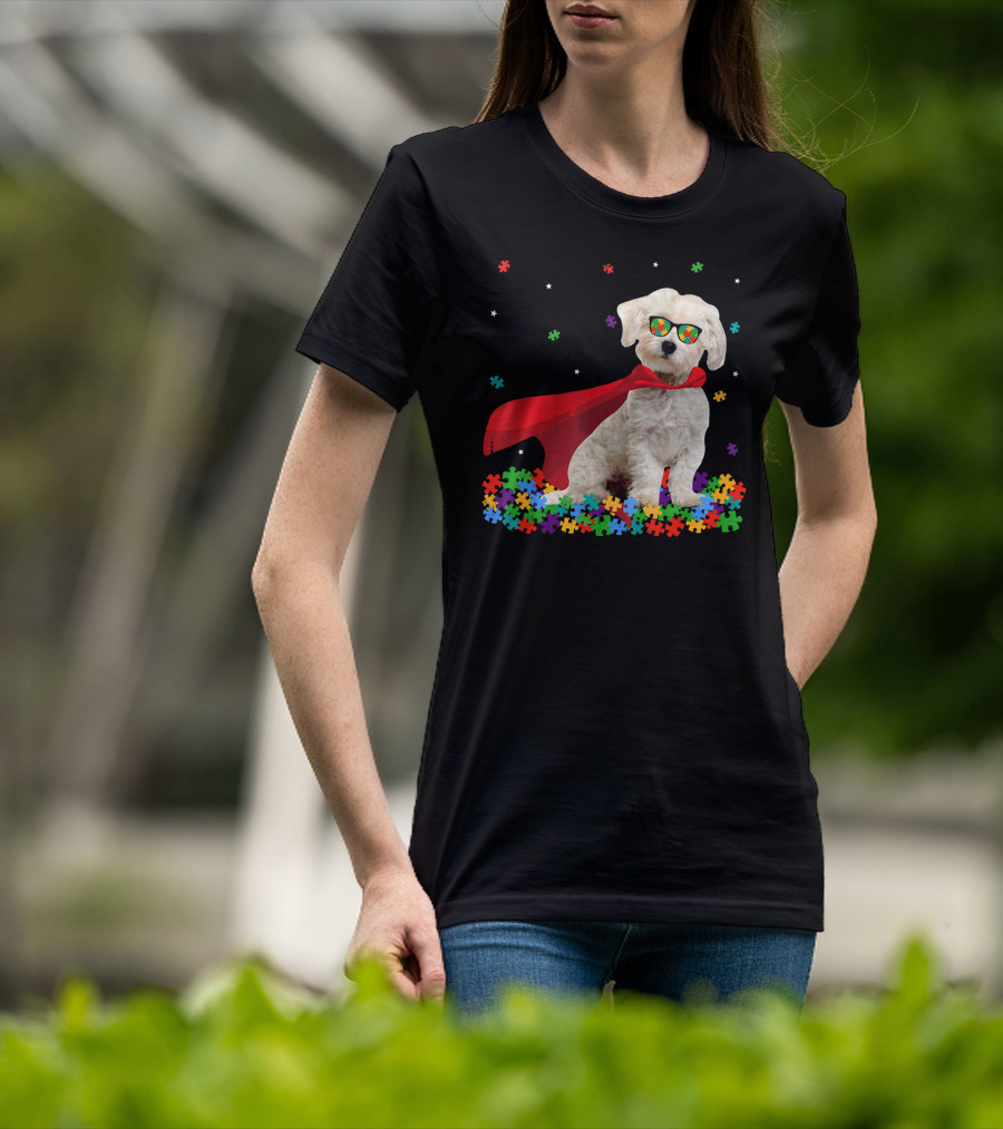 Superhero Maltese Dog Puzzle Pieces Autism Awareness T-Shirt
