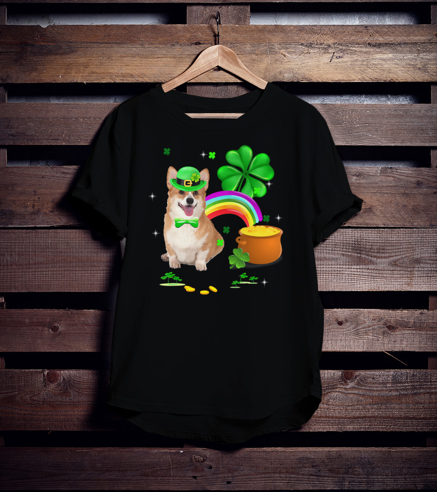 Corgi Dog Shamrock St Patricks Day Leprechaun Rainbow Pot Of Gold T-Shirt