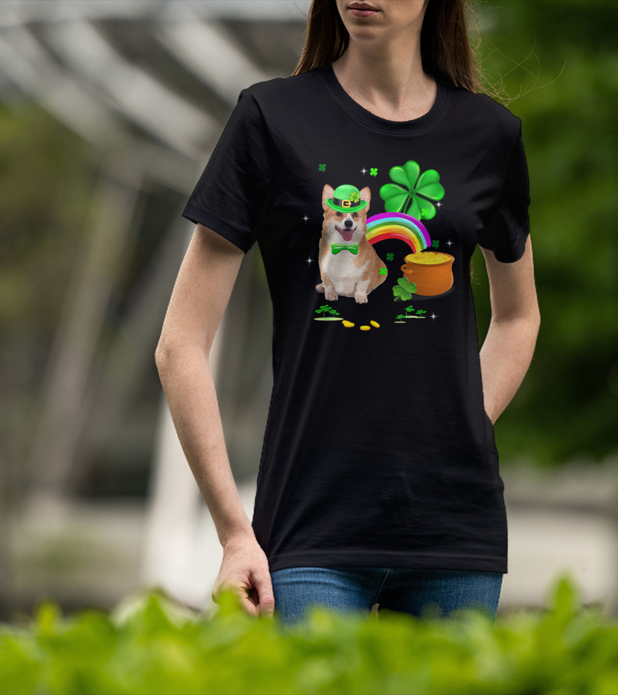 Corgi Dog Shamrock St Patricks Day Leprechaun Rainbow Pot Of Gold T-Shirt