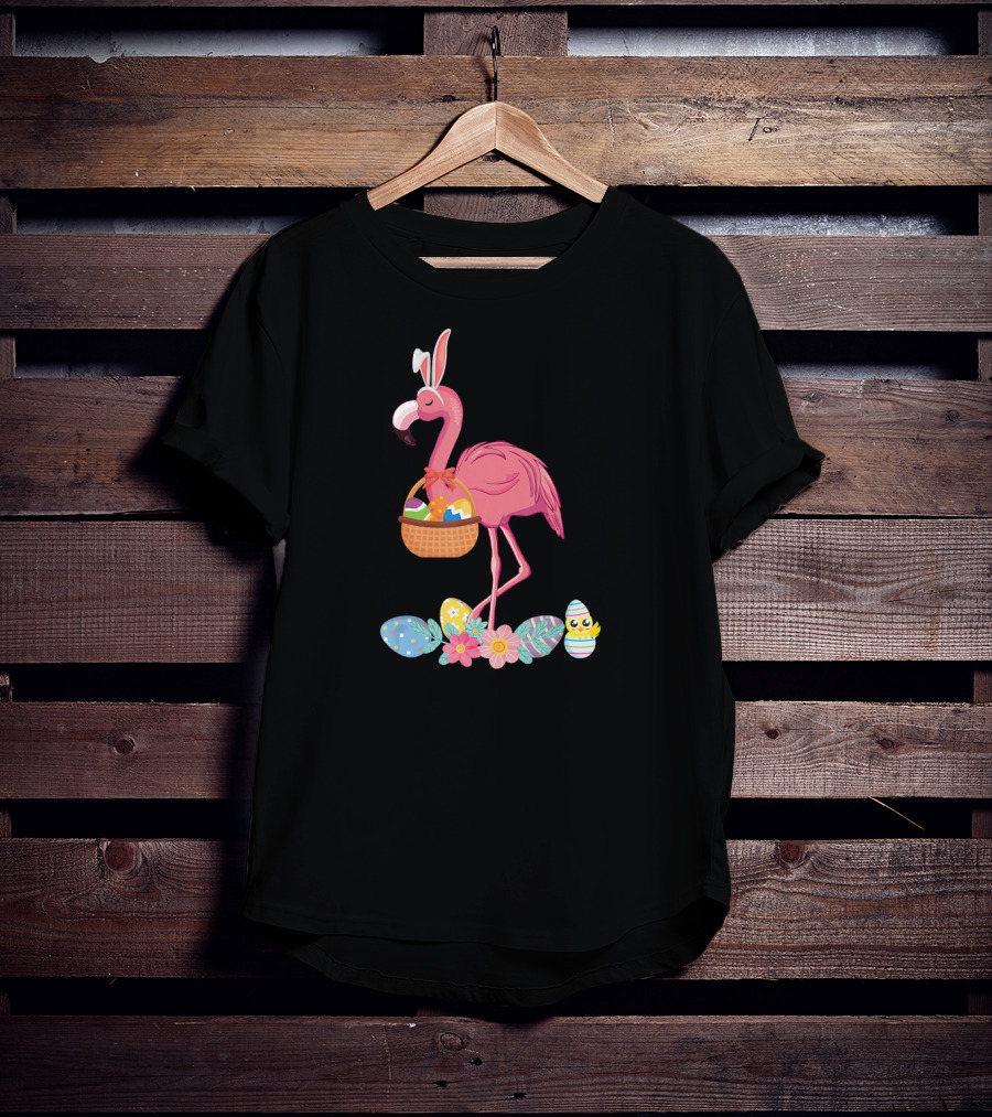 Easter Flamingo Bunny With Easter Egg Basket And Floral Eggs T-Shirt