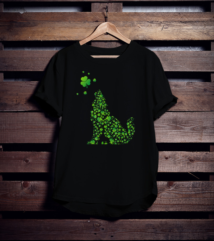 Shamrock Patterned Wolf With Clover Accents T-Shirt