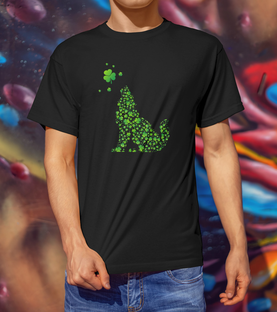 Shamrock Patterned Wolf With Clover Accents T-Shirt