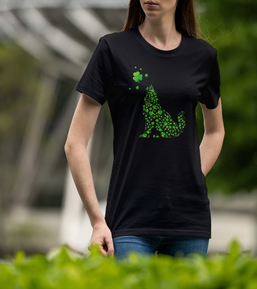 Shamrock Patterned Wolf With Clover Accents T-Shirt