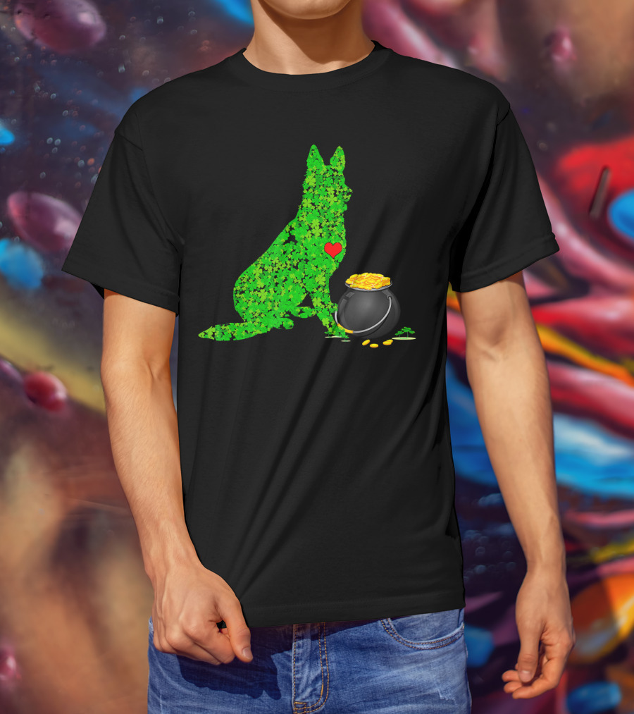 St Patricks Day Shamrock German Shepherd With Pot Of Gold T-Shirt