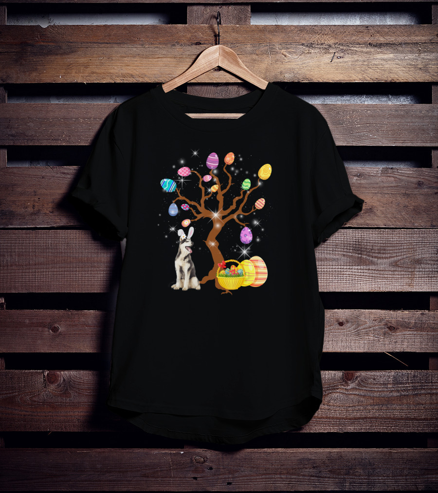 Siberian Husky Easter Egg Hunt With Basket And Tree Of Colorful Eggs T-Shirt