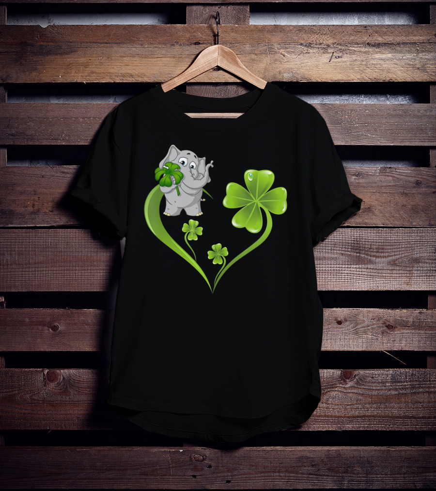 Elephant With Shamrock Heart And Clover Leaves T-Shirt