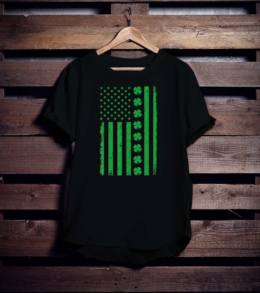 St Patrick Day Green Shamrock Irish American Flag T-Shirt