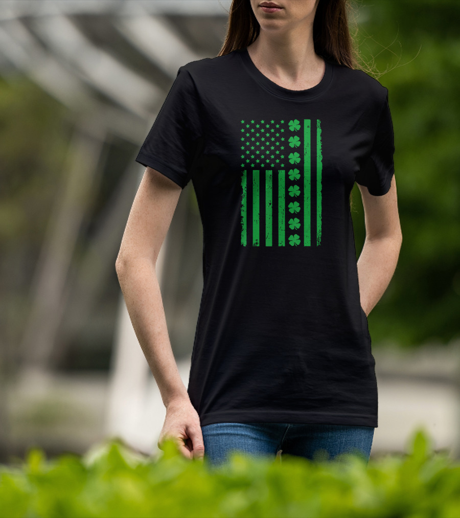 St Patrick Day Green Shamrock Irish American Flag T-Shirt
