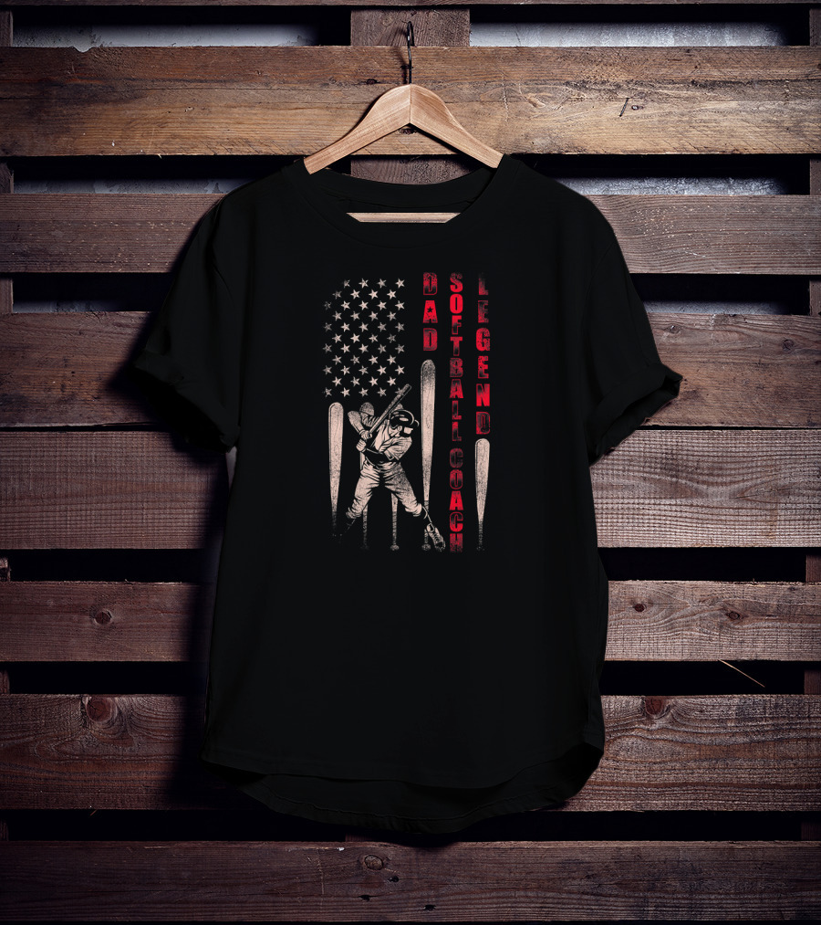 Dad Softball Coach Legend Distressed Flag Baseball Player Iconic American T-Shirt
