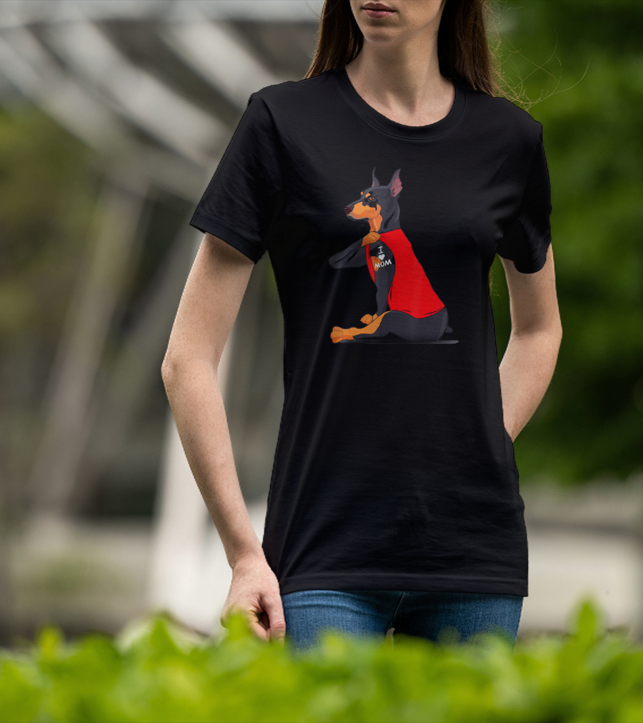 Doberman With Red Shirt And I Love Mom Tattoo T-Shirt