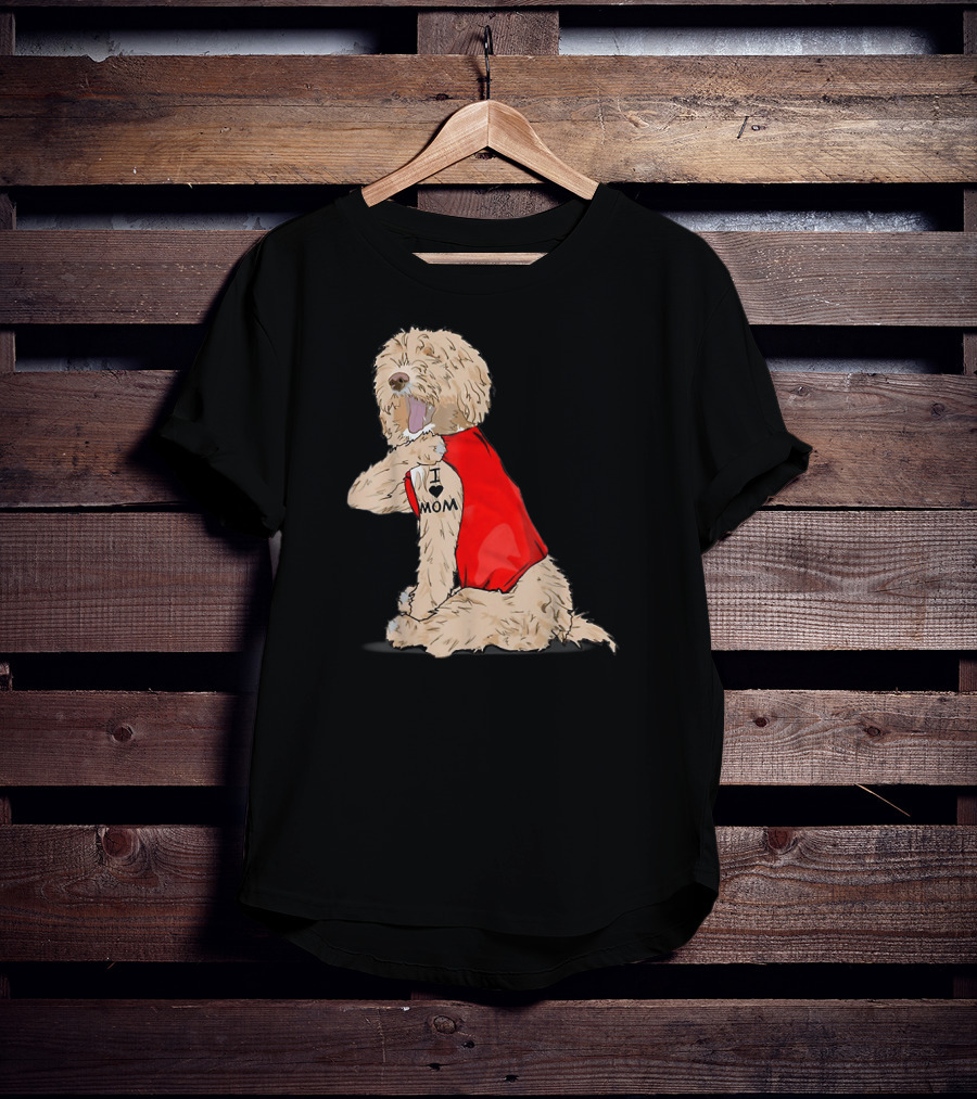 Labradoodle I Love Mom Tattoo Funny Dog In Red Vest Sitting Pose T-Shirt