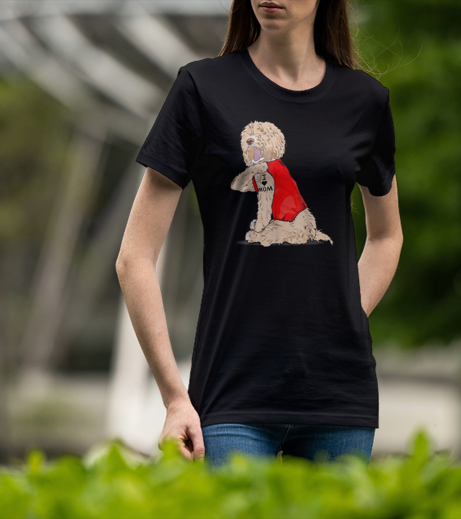 Labradoodle I Love Mom Tattoo Funny Dog In Red Vest Sitting Pose T-Shirt