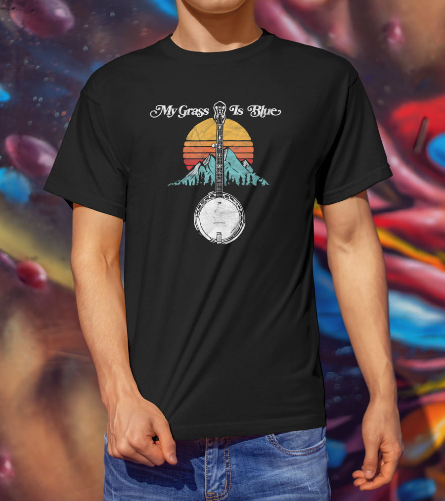 My Grass Is Blue Banjo Rocky Mountain Sunset T-Shirt