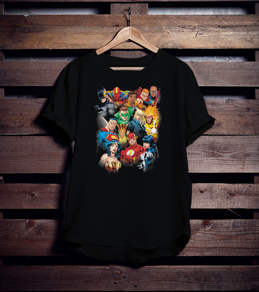 Justice League The League's All Here Heroes Unite Iconic Team Members T-Shirt