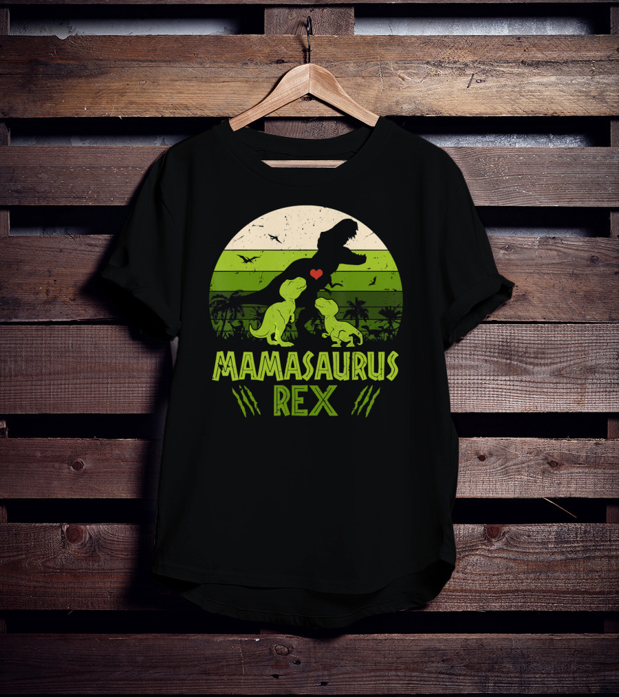 Mamasaurus Rex Dinosaur Lover Heart Jungle Scene With Two Kids T-Shirt