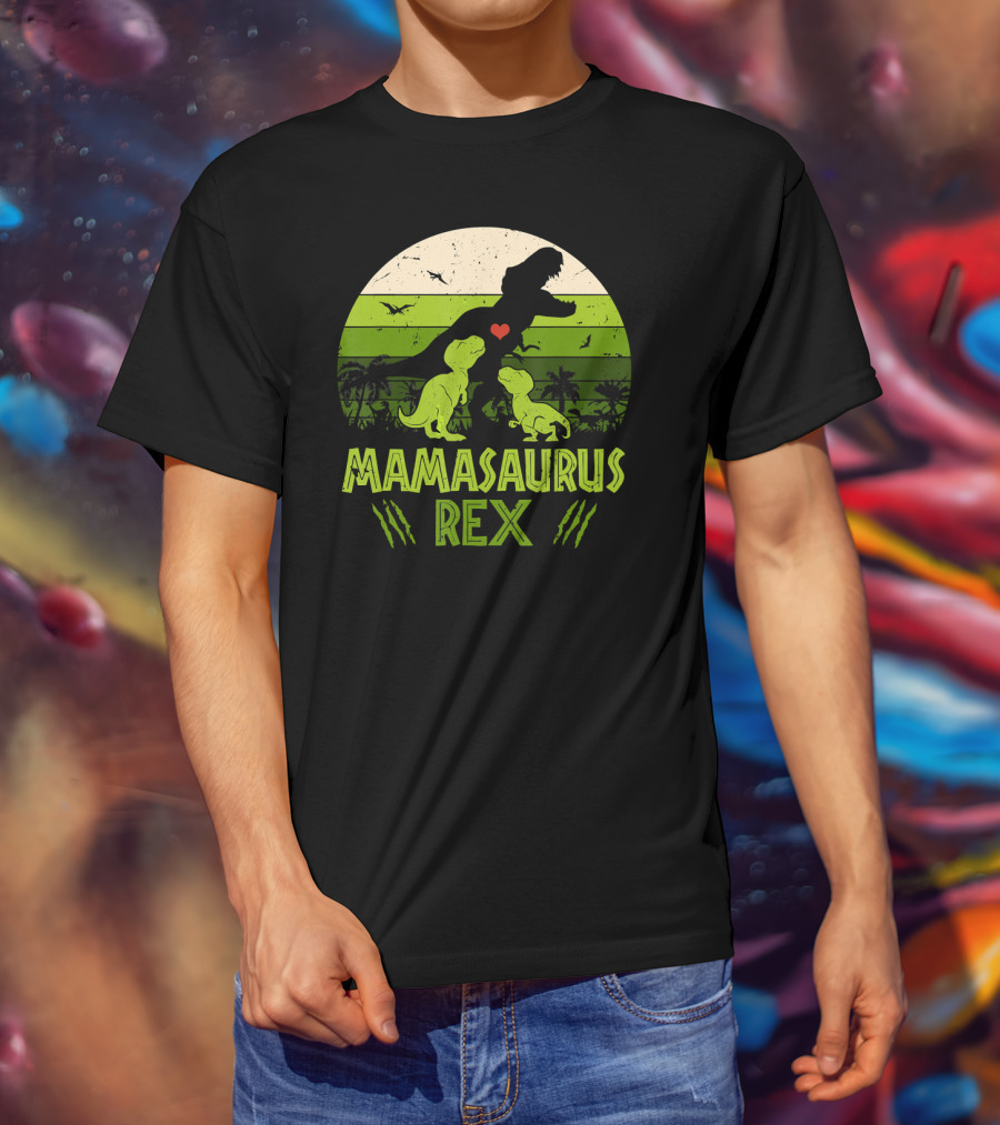 Mamasaurus Rex Dinosaur Lover Heart Jungle Scene With Two Kids T-Shirt
