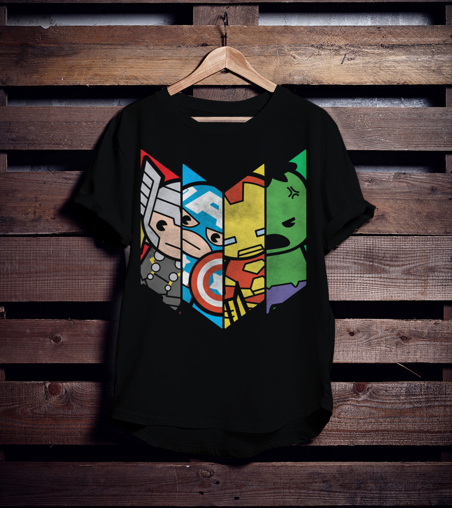 Marvel Avengers Cartoon Thor Captain America Iron Man Hulk Shield T-Shirt