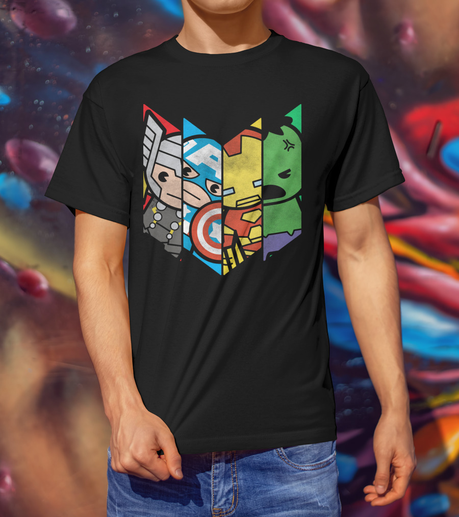 Marvel Avengers Cartoon Thor Captain America Iron Man Hulk Shield T-Shirt