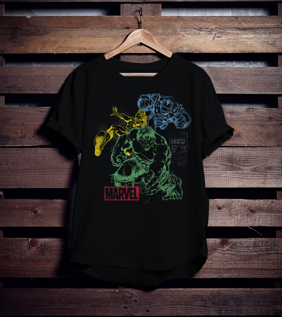 Marvel Hulk Iron Man Spider-Man Vintage Comic Group T-Shirt