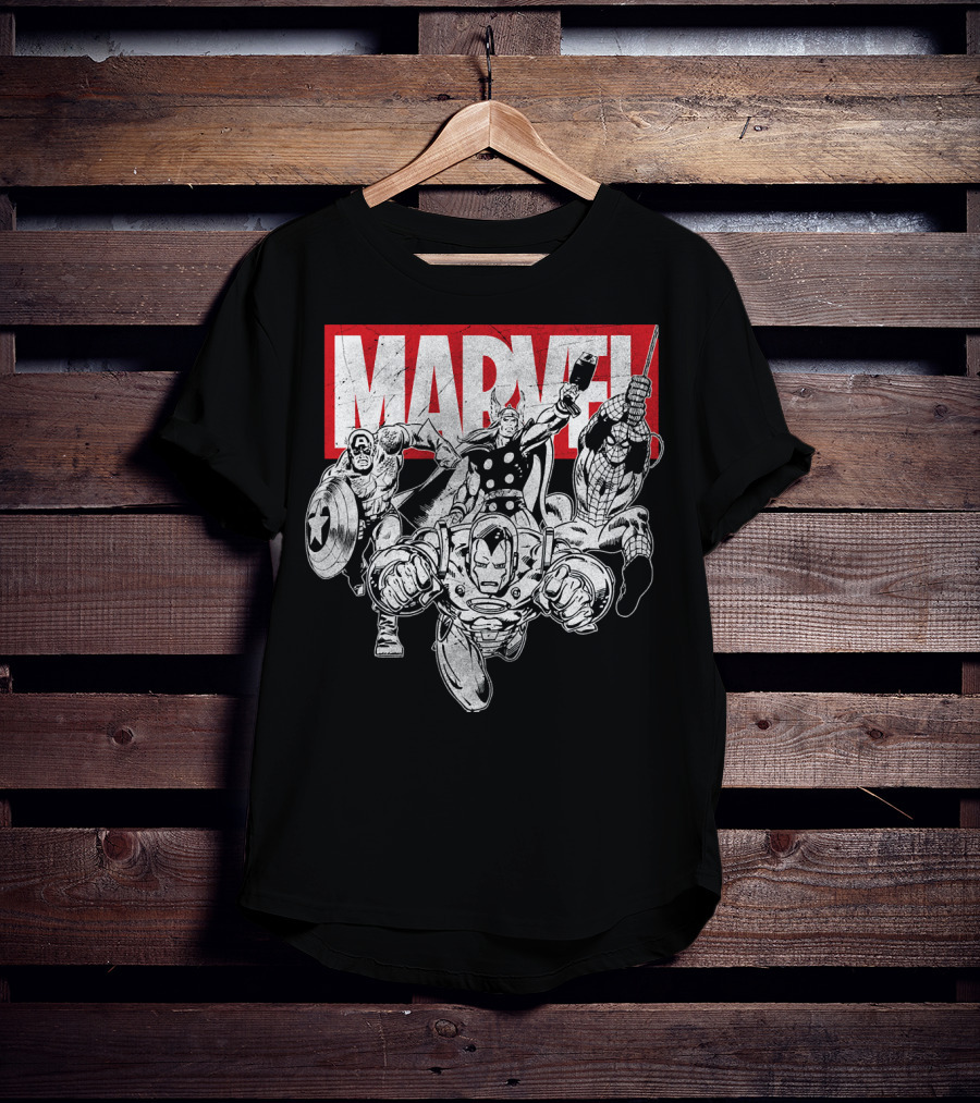 Marvel Avengers Captain America Thor Spider-Man Iron Man Grayscale T-Shirt