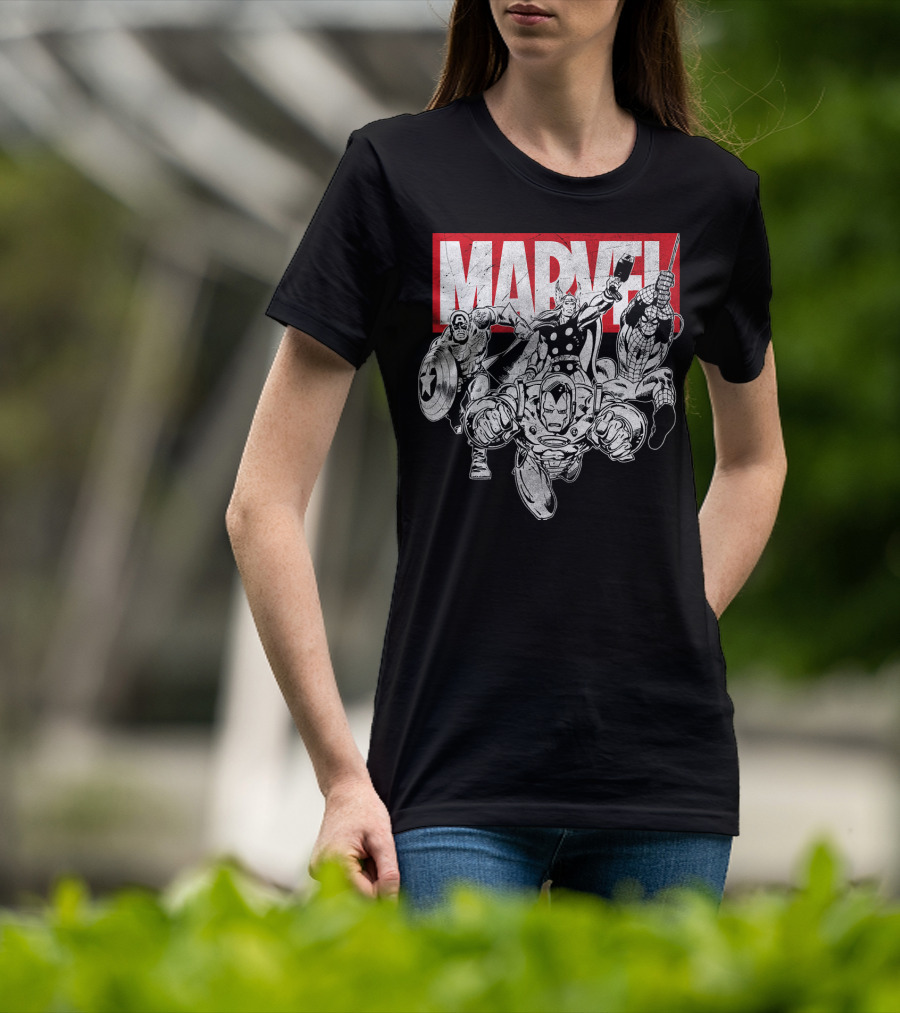 Marvel Avengers Captain America Thor Spider-Man Iron Man Grayscale T-Shirt