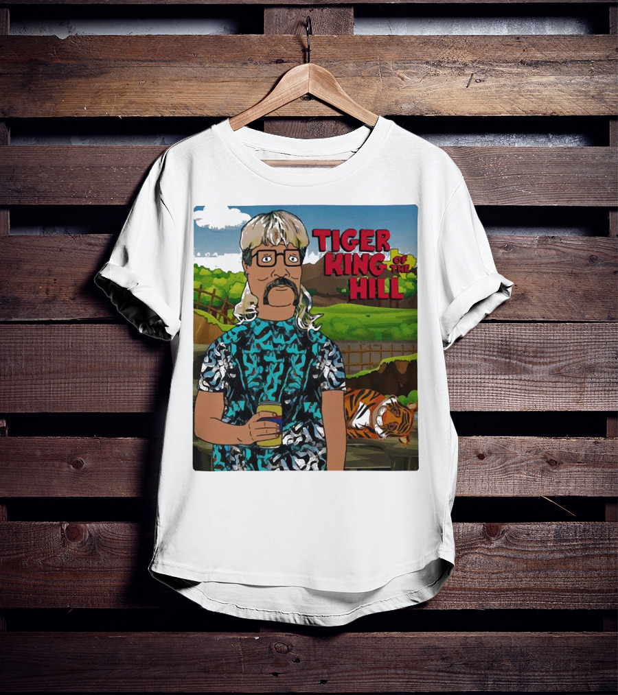 Tiger King Of The Hill In Cartoon Style With Tiger And Guy Holding Drink T-Shirt
