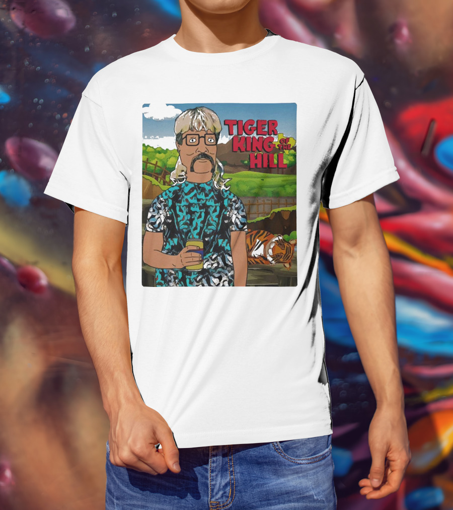 Tiger King Of The Hill In Cartoon Style With Tiger And Guy Holding Drink T-Shirt