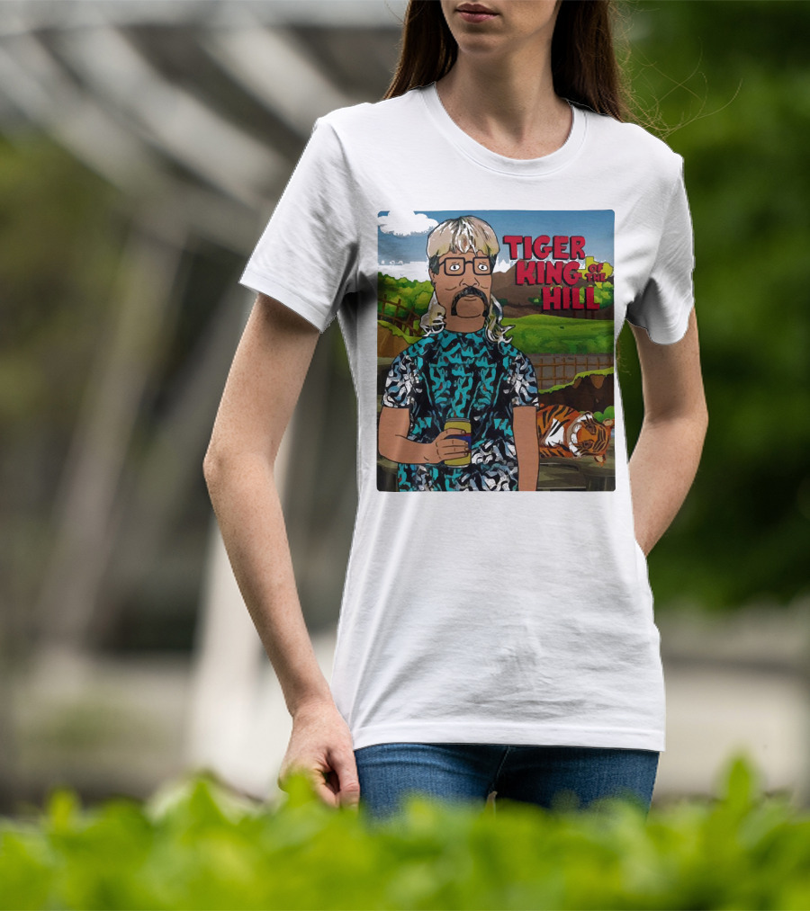 Tiger King Of The Hill In Cartoon Style With Tiger And Guy Holding Drink T-Shirt