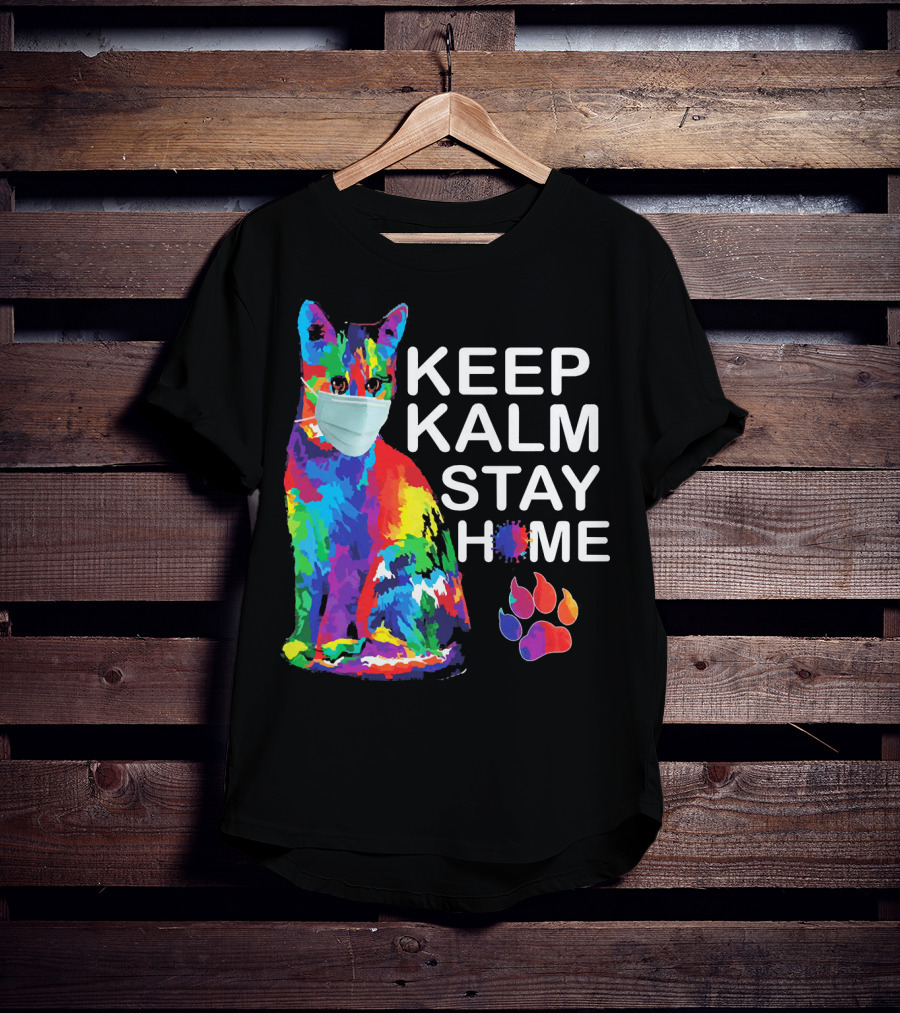 Colorful Masked Cat Keep Kalm Stay Home Ladies T-Shirt